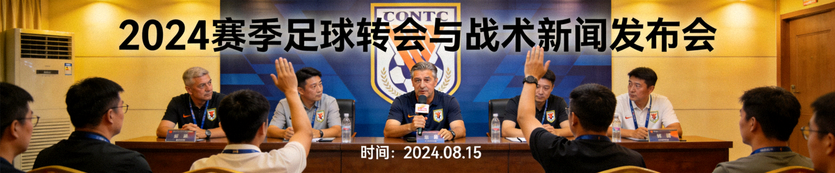 足球新闻发布会现场，教练与记者交流最新转会与战术新闻